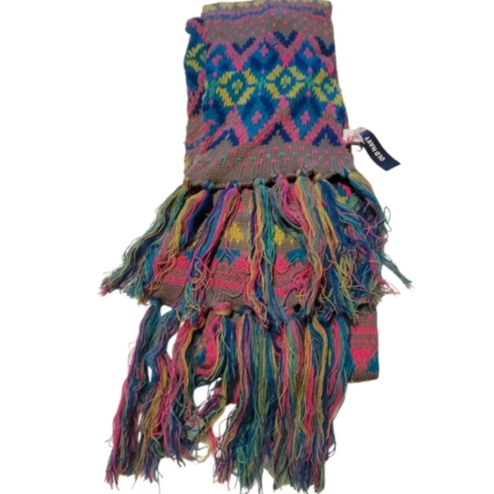 NWT Old Navy Neon Pink Blue Yellow Chevron Multicolor Modern Knit Fringe Scarf
